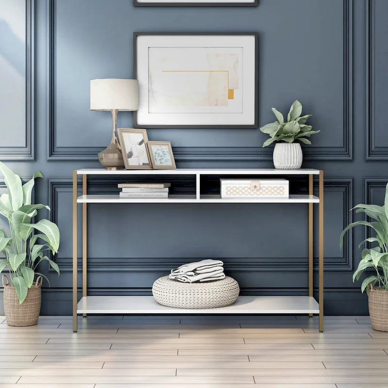 Glam 48-Inch Steel Console Table with 3 Shelves – Black