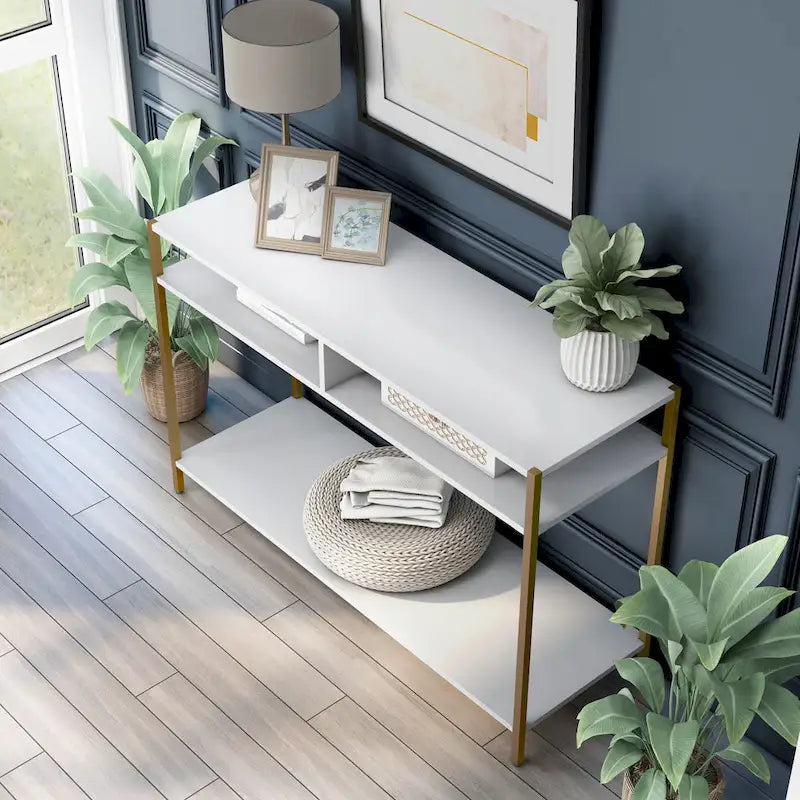 Glam 48-Inch Steel Console Table with 3 Shelves – Black