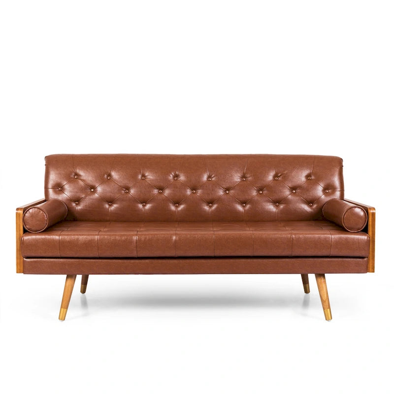 Mid-Century Tufted Sofa with Accent Pillows – Retro Living Room