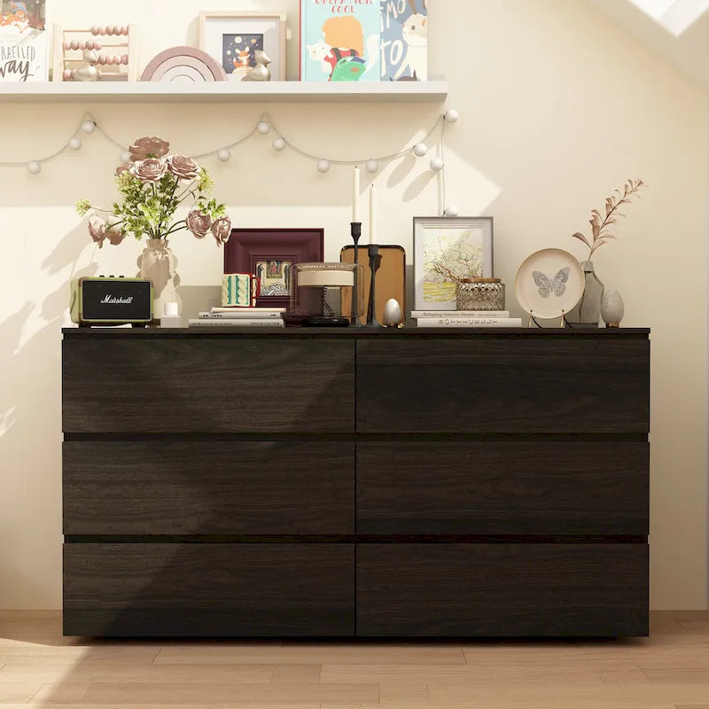 White 59-Inch Double Dresser with 6 Drawers – Bedroom Storage
