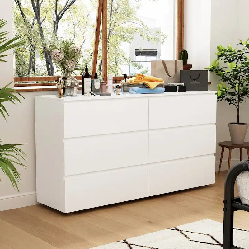 White 59-Inch Double Dresser with 6 Drawers – Bedroom Storage