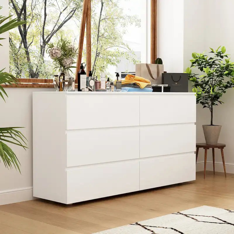 White 59-Inch Double Dresser with 6 Drawers – Bedroom Storage