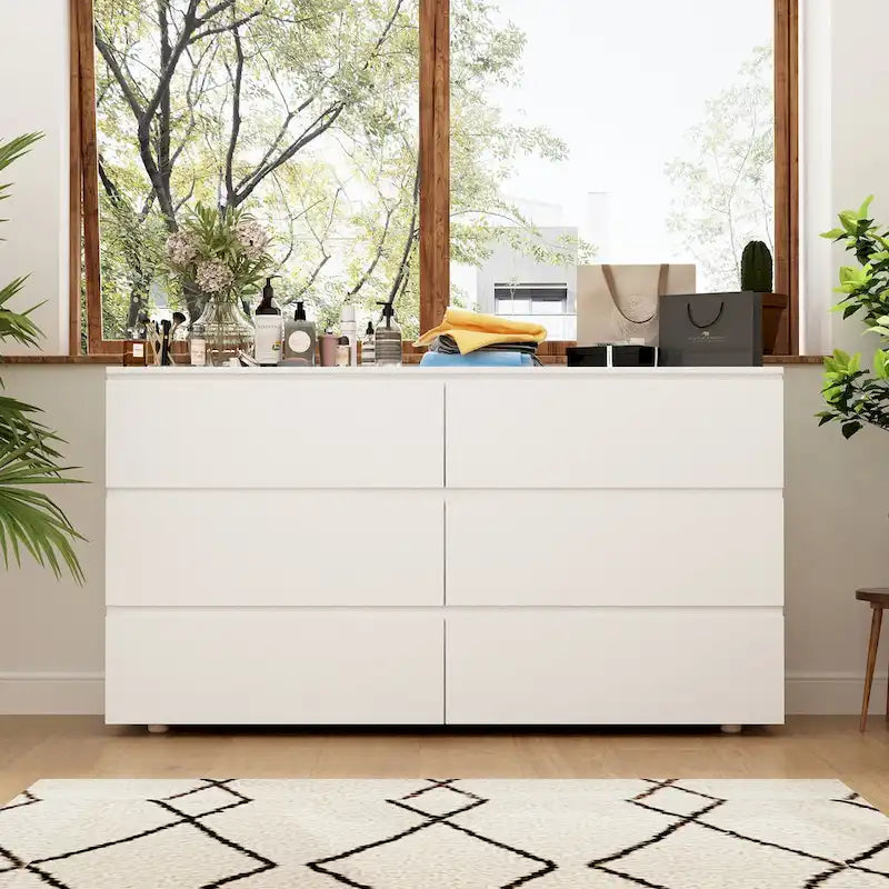 White 59-Inch Double Dresser with 6 Drawers – Bedroom Storage