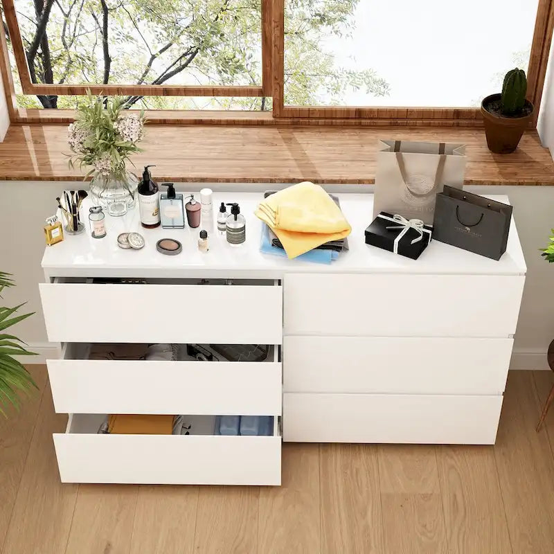 White 59-Inch Double Dresser with 6 Drawers – Bedroom Storage