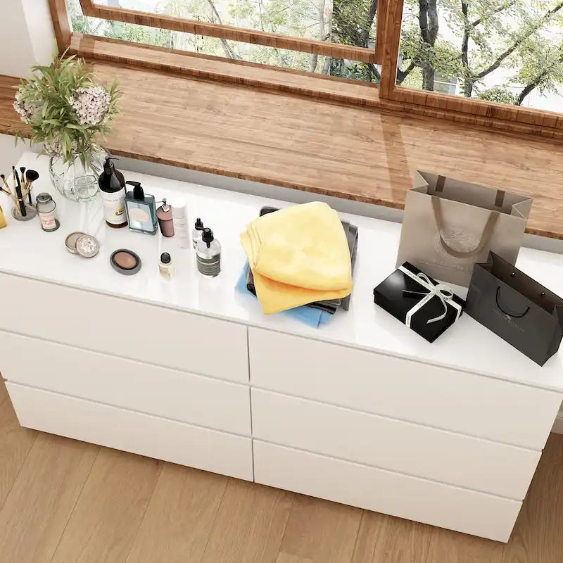 White 59-Inch Double Dresser with 6 Drawers – Bedroom Storage