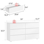 White 59-Inch Double Dresser with 6 Drawers – Bedroom Storage
