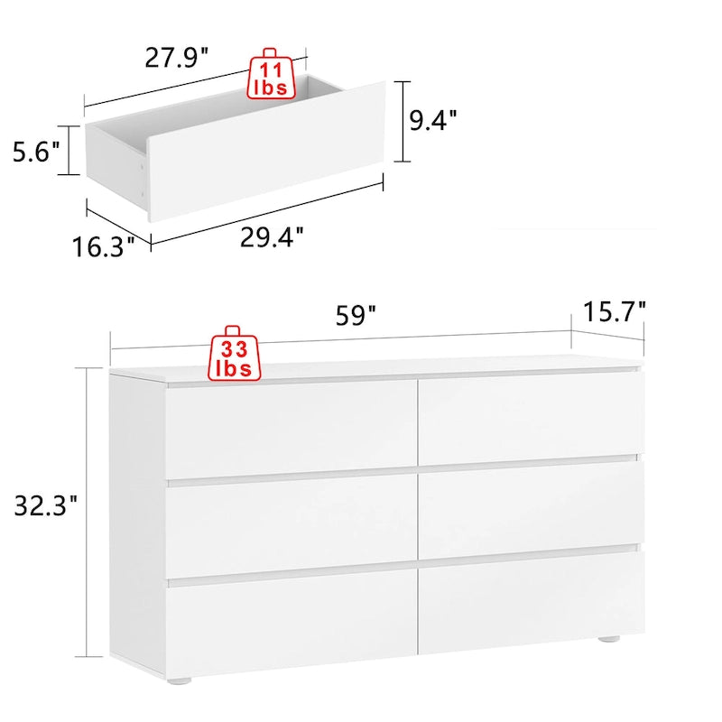 White 59-Inch Double Dresser with 6 Drawers – Bedroom Storage