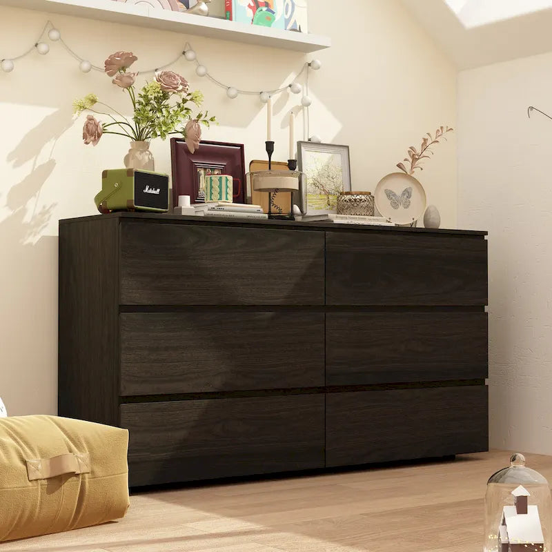 White 59-Inch Double Dresser with 6 Drawers – Bedroom Storage