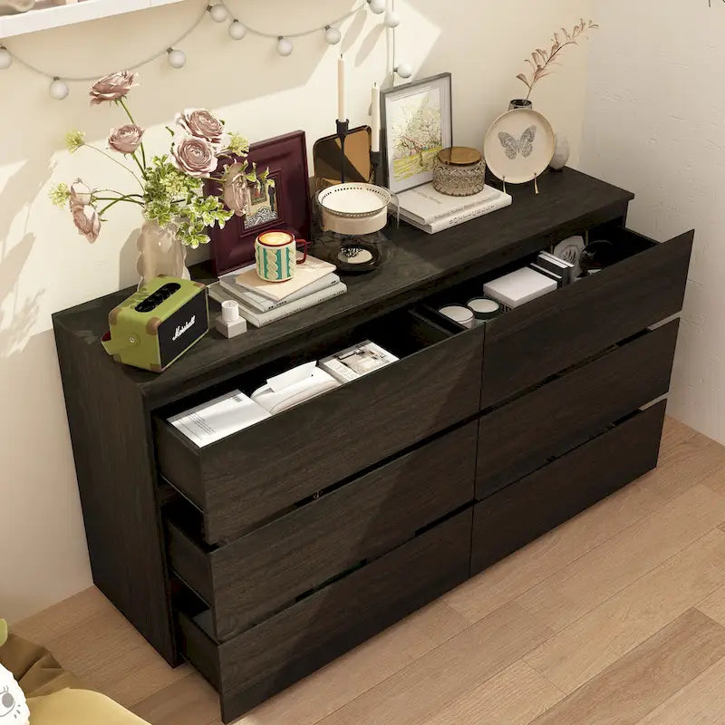 White 59-Inch Double Dresser with 6 Drawers – Bedroom Storage