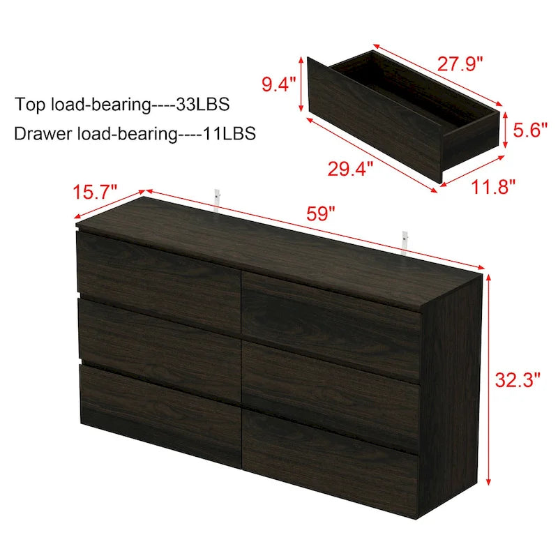 White 59-Inch Double Dresser with 6 Drawers – Bedroom Storage
