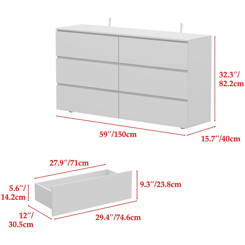 White 59-Inch Double Dresser with 6 Drawers – Bedroom Storage