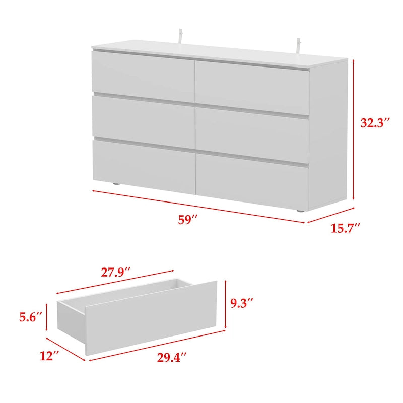 White 59-Inch Double Dresser with 6 Drawers – Bedroom Storage