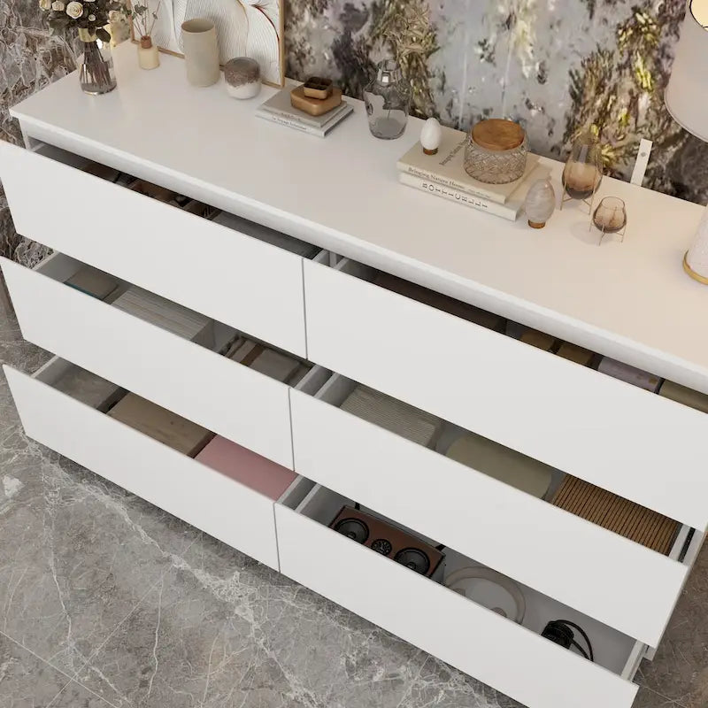 White 59-Inch Double Dresser with 6 Drawers – Bedroom Storage