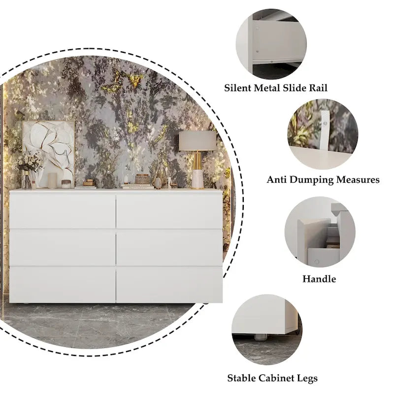 White 59-Inch Double Dresser with 6 Drawers – Bedroom Storage