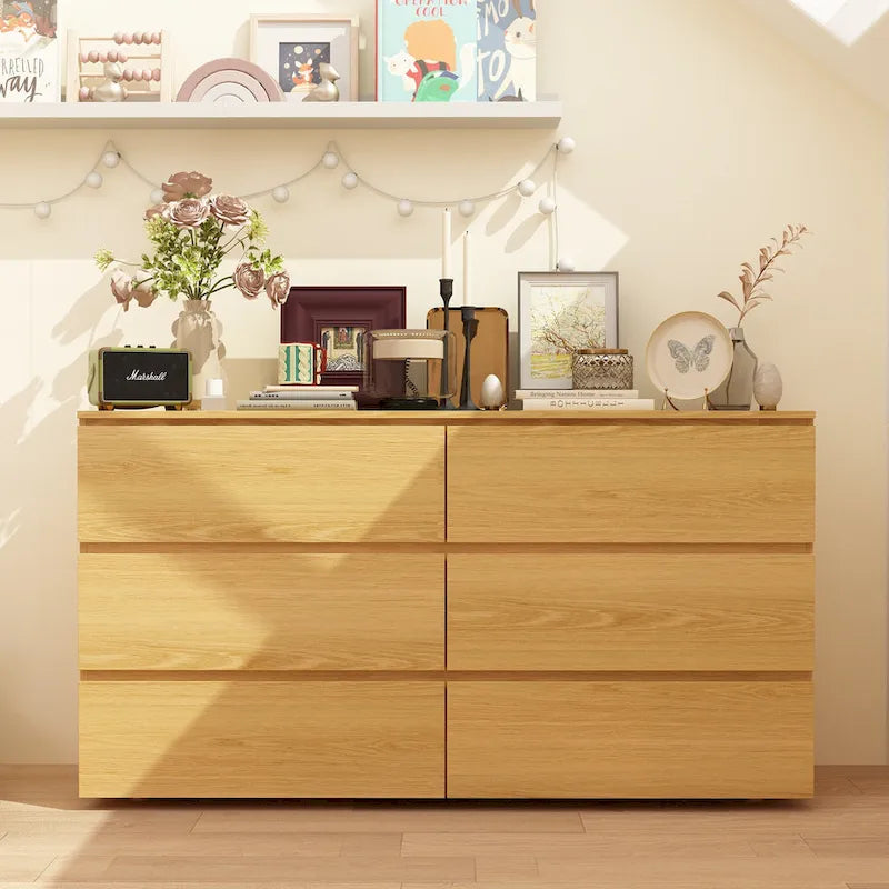 White 59-Inch Double Dresser with 6 Drawers – Bedroom Storage