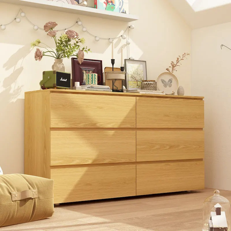 White 59-Inch Double Dresser with 6 Drawers – Bedroom Storage