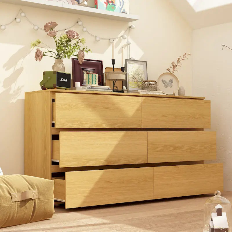 White 59-Inch Double Dresser with 6 Drawers – Bedroom Storage