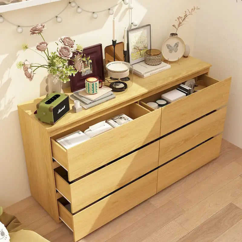 White 59-Inch Double Dresser with 6 Drawers – Bedroom Storage