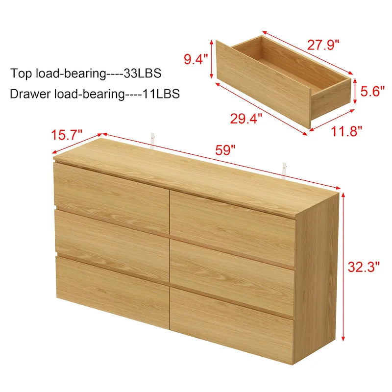 White 59-Inch Double Dresser with 6 Drawers – Bedroom Storage