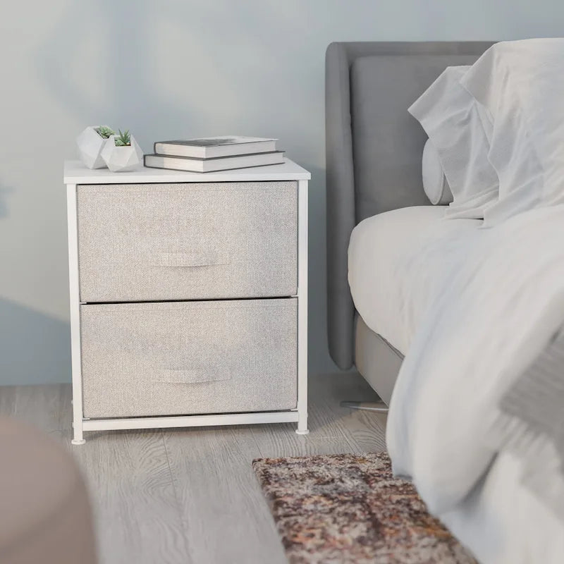2 Drawer Storage Stand with Wood Top & Dark Fabric Pull Drawers