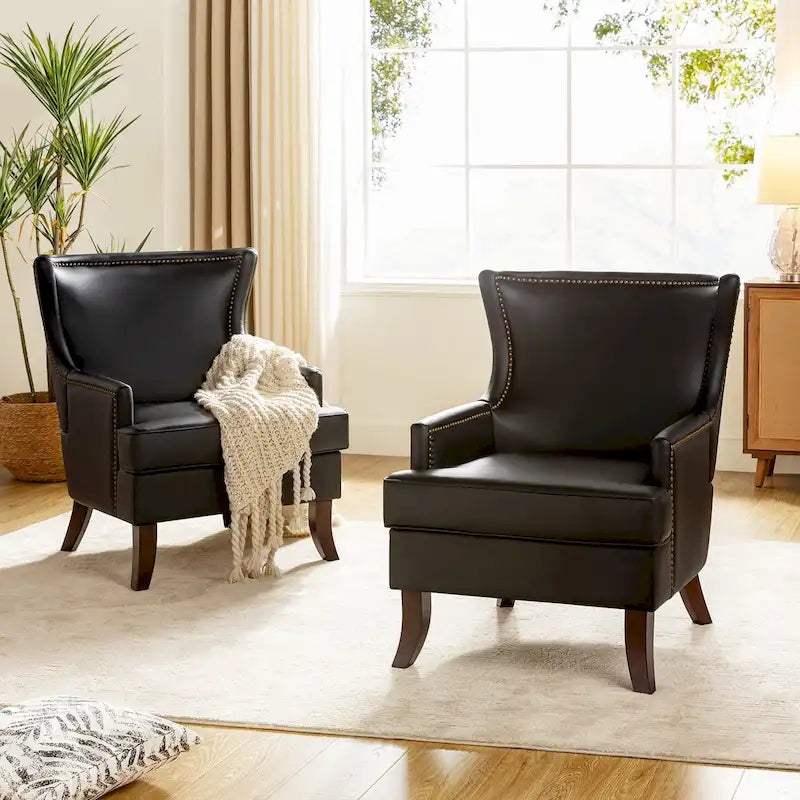 Mid-Century Modern Wingback Vegan Leather Armchair, Ergonomic, Set of 2