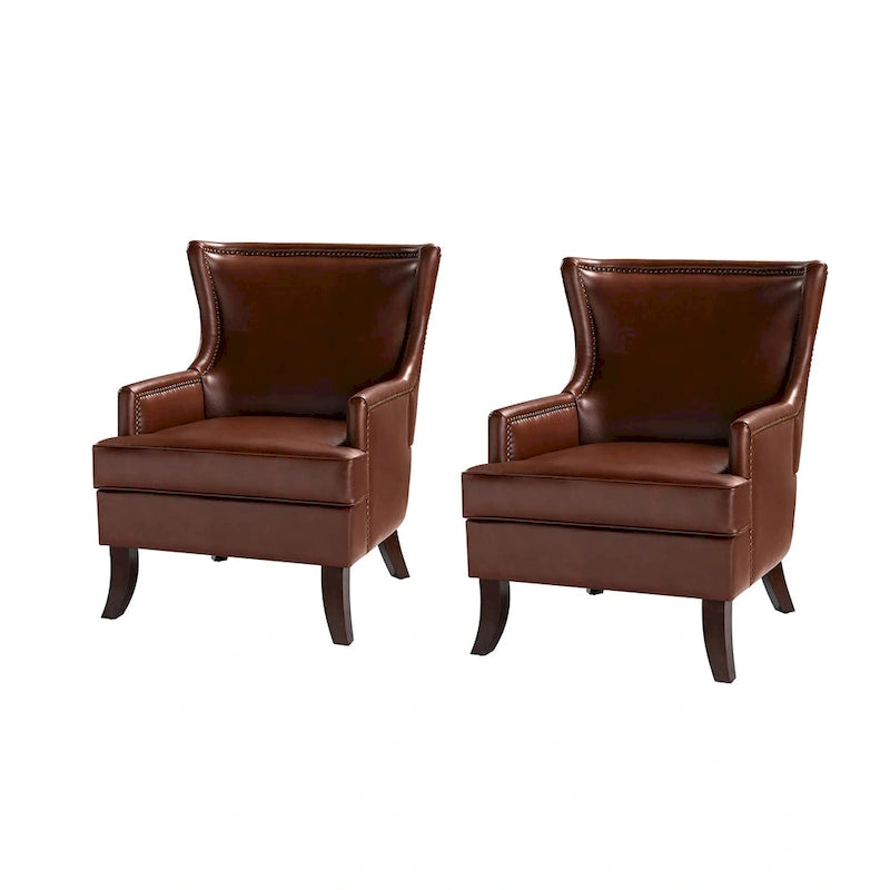 Mid-Century Modern Wingback Vegan Leather Armchair, Ergonomic, Set of 2