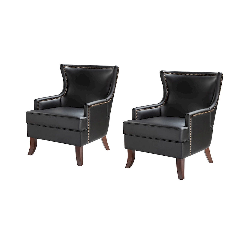 Mid-Century Modern Wingback Vegan Leather Armchair, Ergonomic, Set of 2