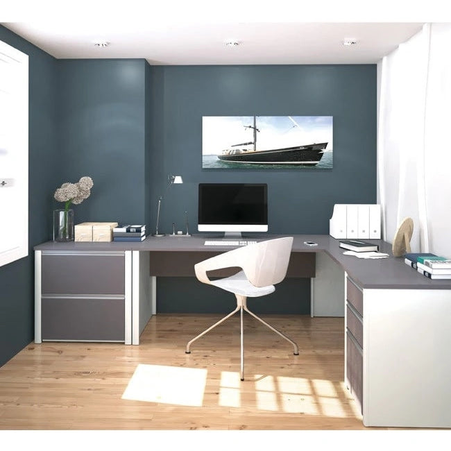 L-Shaped Home Office Workstation with Lateral File Cabinet
