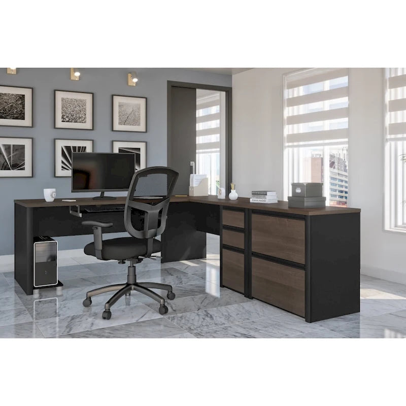 L-Shaped Home Office Workstation with Lateral File Cabinet