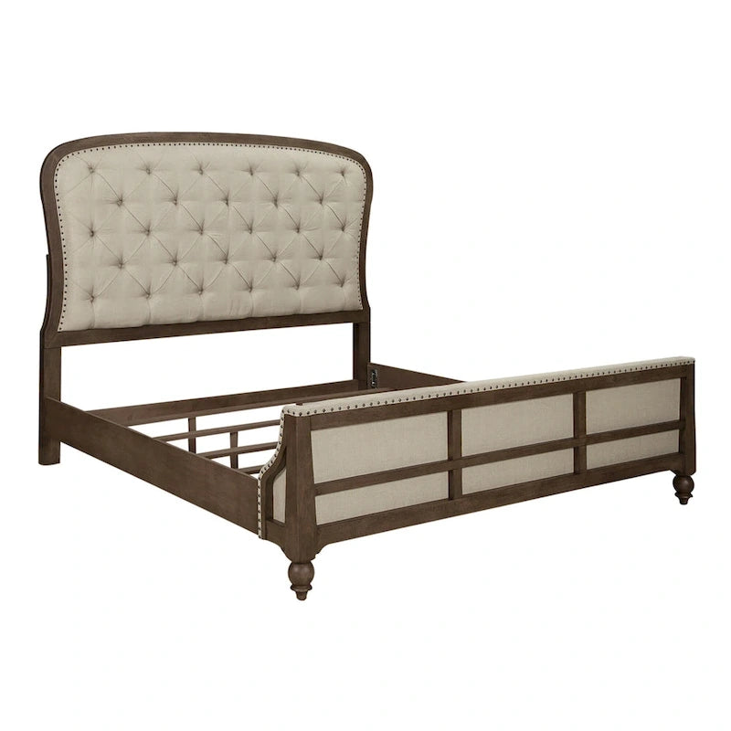 Dusty Taupe King Shelter Bed – Farmhouse Style Upholstered Headboard