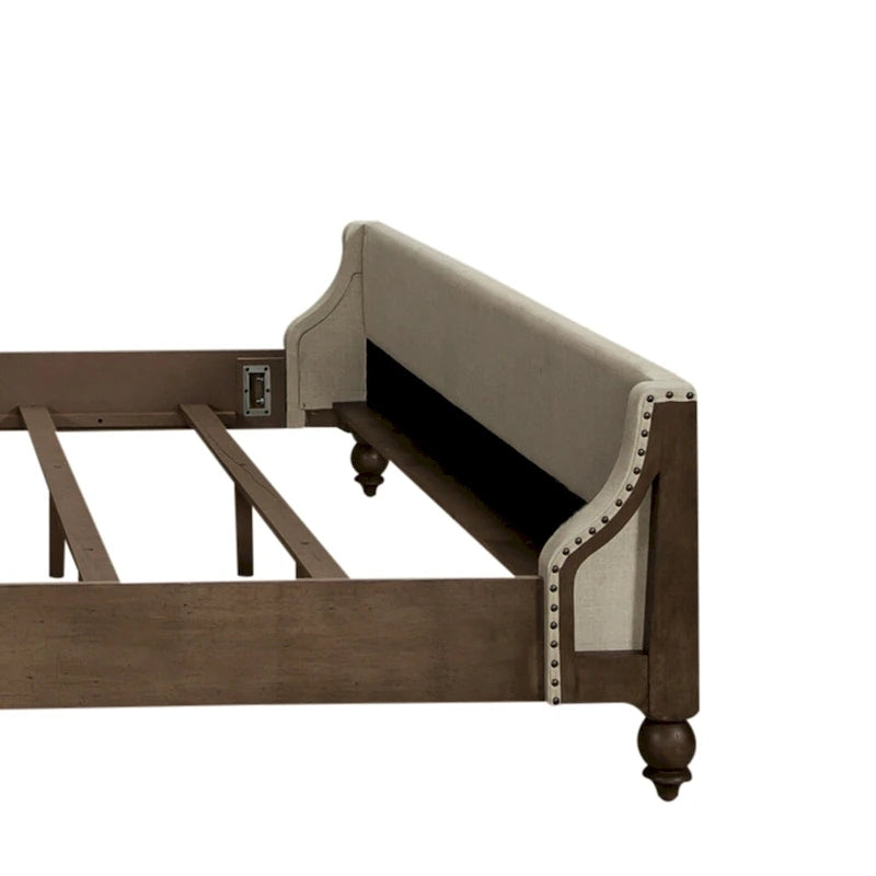 Dusty Taupe King Shelter Bed – Farmhouse Style Upholstered Headboard