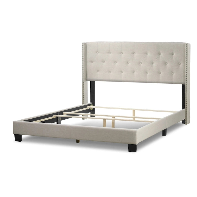 Beige Fabric Upholstered Bed with Button Tufting & Nailhead Wings | Twin Queen King