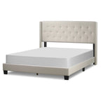 Beige Fabric Upholstered Bed with Button Tufting & Nailhead Wings | Twin Queen King
