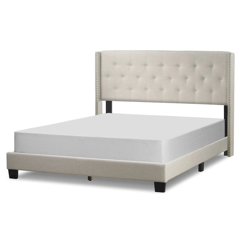 Beige Fabric Upholstered Bed with Button Tufting & Nailhead Wings | Twin Queen King