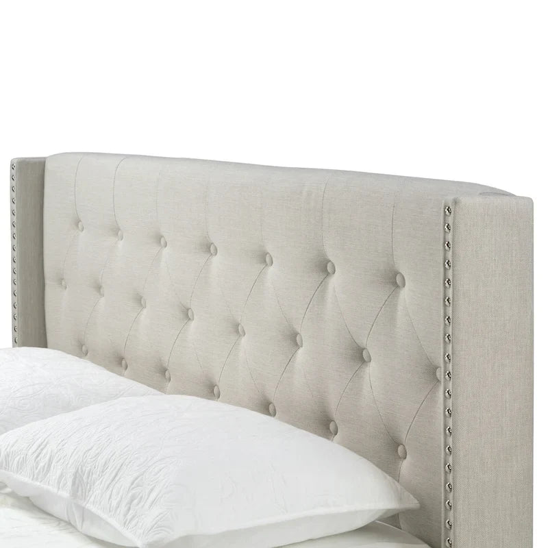 Beige Fabric Upholstered Bed with Button Tufting & Nailhead Wings | Twin Queen King
