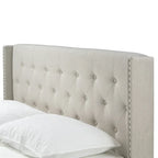 Beige Fabric Upholstered Bed with Button Tufting & Nailhead Wings | Twin Queen King