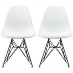Set of 2 Mid-Century Modern Dining Side Chairs Armless Plastic Shell Seat with Black Metal Wire Eiffel Base, White