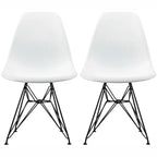 Set of 2 Mid-Century Modern Dining Side Chairs Armless Plastic Shell Seat with Black Metal Wire Eiffel Base, White