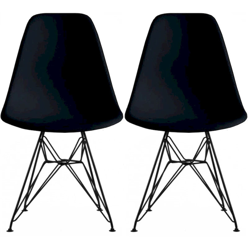 Set of 2 Mid-Century Modern Dining Side Chairs Armless Plastic Shell Seat with Black Metal Wire Eiffel Base, White