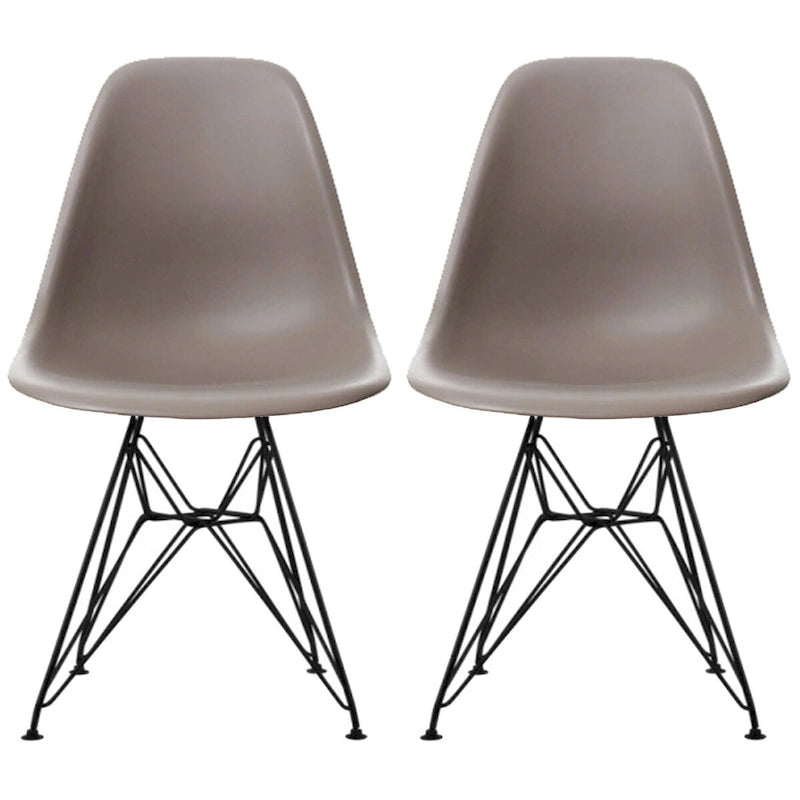 Set of 2 Mid-Century Modern Dining Side Chairs Armless Plastic Shell Seat with Black Metal Wire Eiffel Base, White