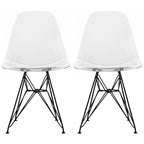 Set of 2 Mid-Century Modern Dining Side Chairs Armless Plastic Shell Seat with Black Metal Wire Eiffel Base, White
