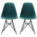 Set of 2 Mid-Century Modern Dining Side Chairs Armless Plastic Shell Seat with Black Metal Wire Eiffel Base, White