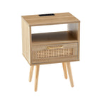 15.75Rattan End table with Power Outlet &USB PortsModern nightstand with drawer and solid wood legs,side table for living room