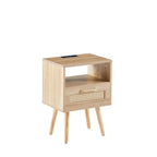 15.75Rattan End table with Power Outlet &USB PortsModern nightstand with drawer and solid wood legs,side table for living room