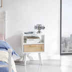 15.75Rattan End table with Power Outlet &USB PortsModern nightstand with drawer and solid wood legs,side table for living room