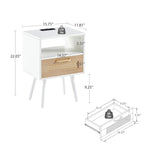 15.75Rattan End table with Power Outlet &USB PortsModern nightstand with drawer and solid wood legs,side table for living room