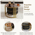 Stackable Round Coffee Table with 2 Drawers, Modern Nesting Tables