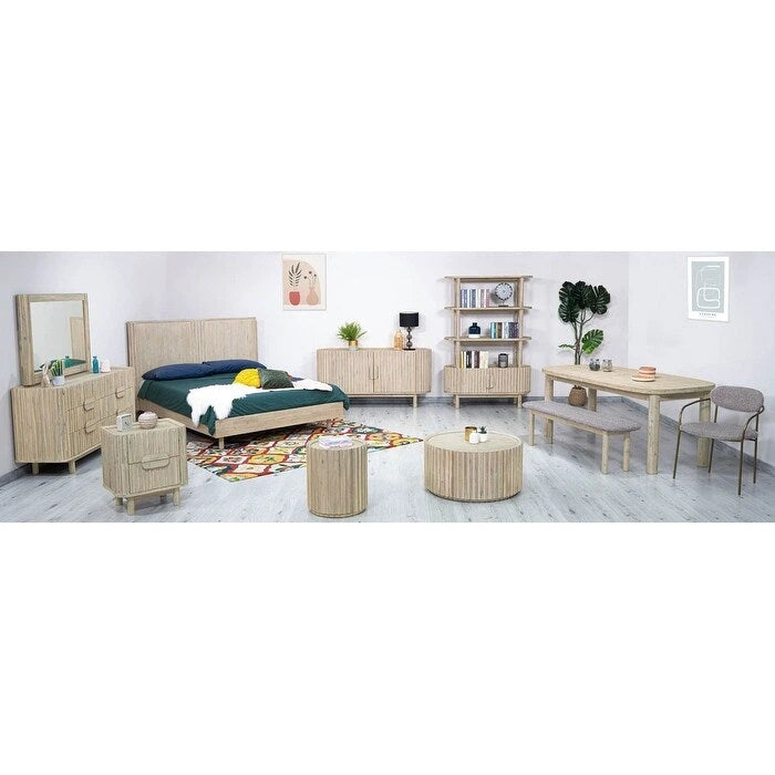 Round Solid Acacia Wood Coffee Table with Hidden Storage Door | Coastal Style
