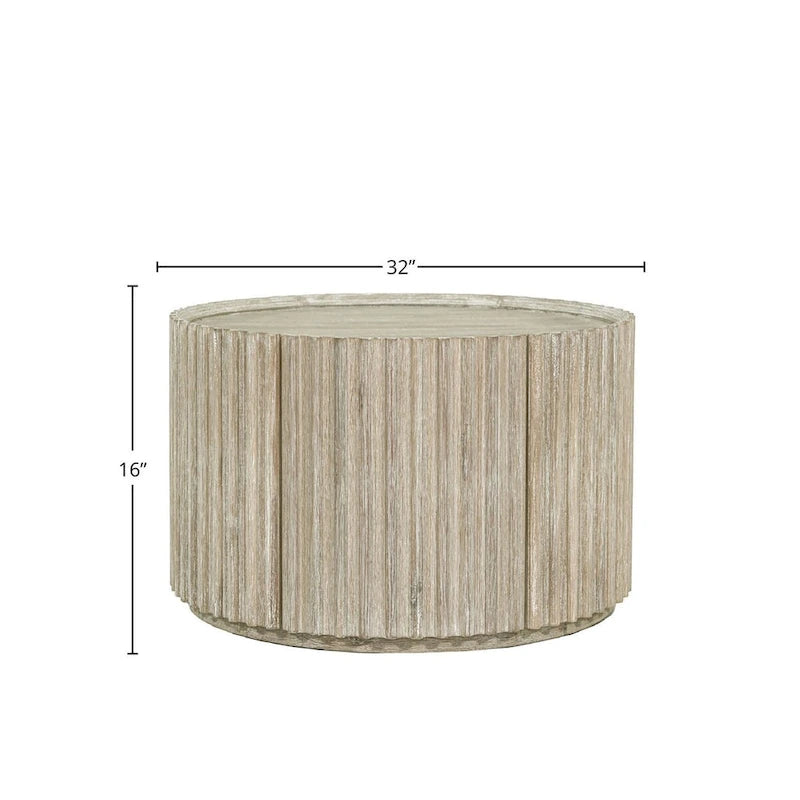 Round Solid Acacia Wood Coffee Table with Hidden Storage Door | Coastal Style