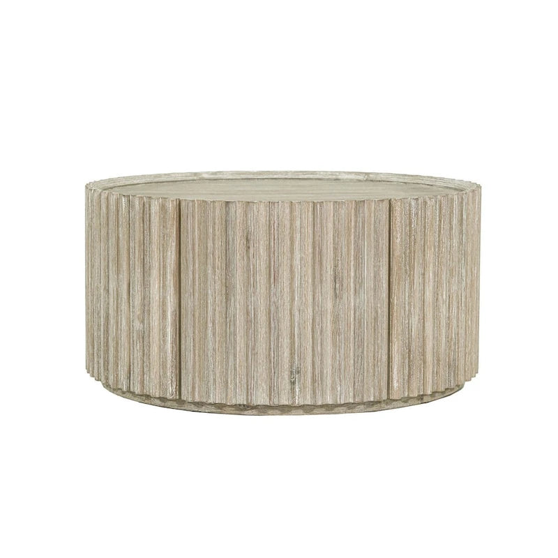 Round Solid Acacia Wood Coffee Table with Hidden Storage Door | Coastal Style
